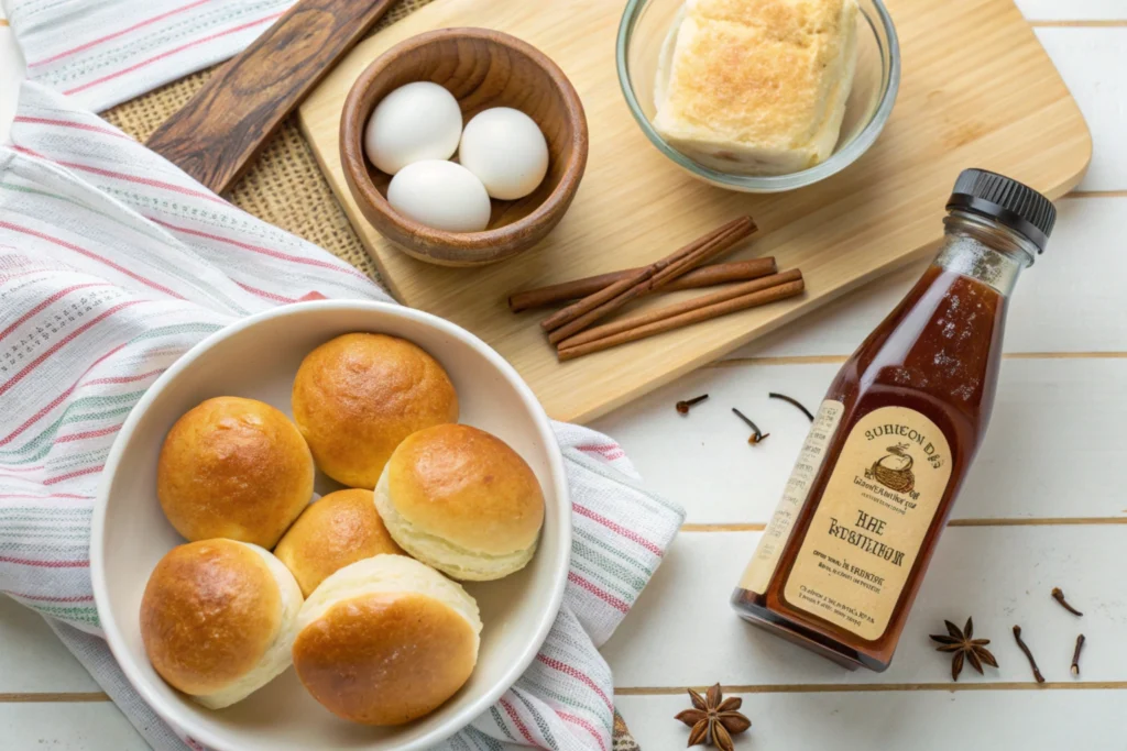 Key ingredients for Hawaiian rolls French toast including eggs, milk, and Hawaiian rolls