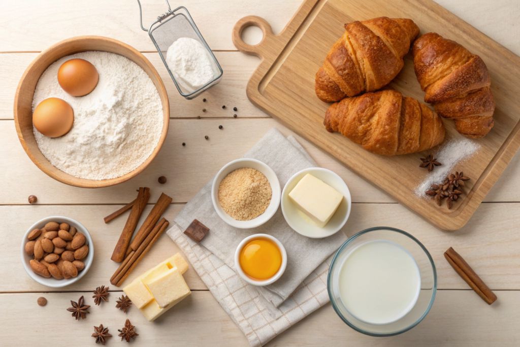 Ingredients for croissant French toast bake on a kitchen counter.