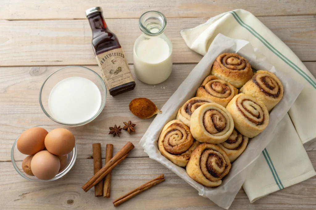 Ingredients for cinnamon roll French toast laid out on a countertop.