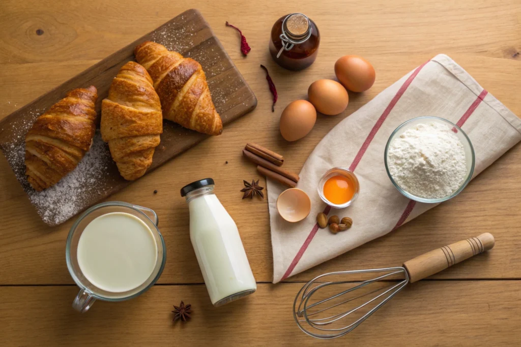 Ingredients for croissant French toast, including eggs, milk, vanilla, and croissants