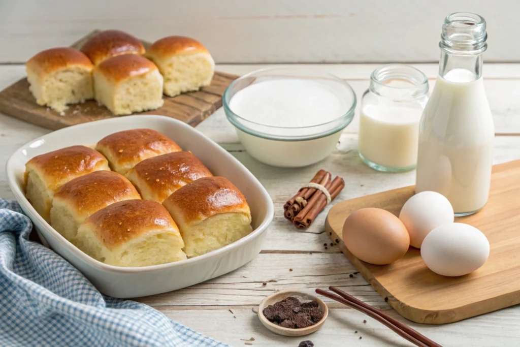 Ingredients for Hawaiian roll French toast, including eggs, milk, vanilla, cinnamon, and Hawaiian rolls