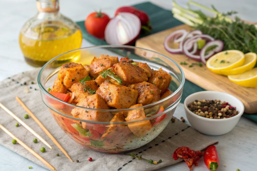 Marinated chicken pieces ready for skewering.