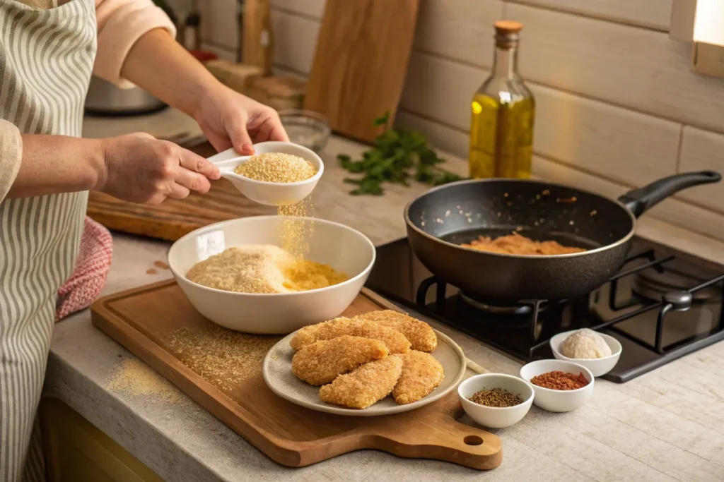 Chicken tenders being breaded and fried in a home kitchen