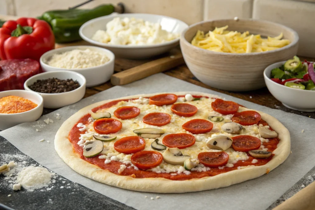 A variety of toppings for a 12-inch pizza displayed on a table.