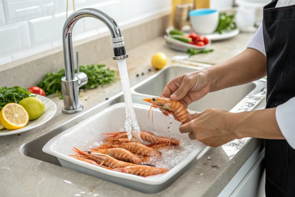 Langostino Tails being cleaned and prepared for cooking