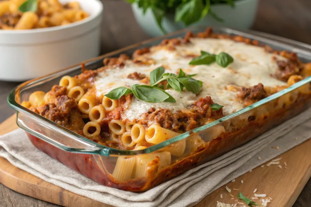 Plate of Sicilian Pasta al Forno made with Ditalini Pasta