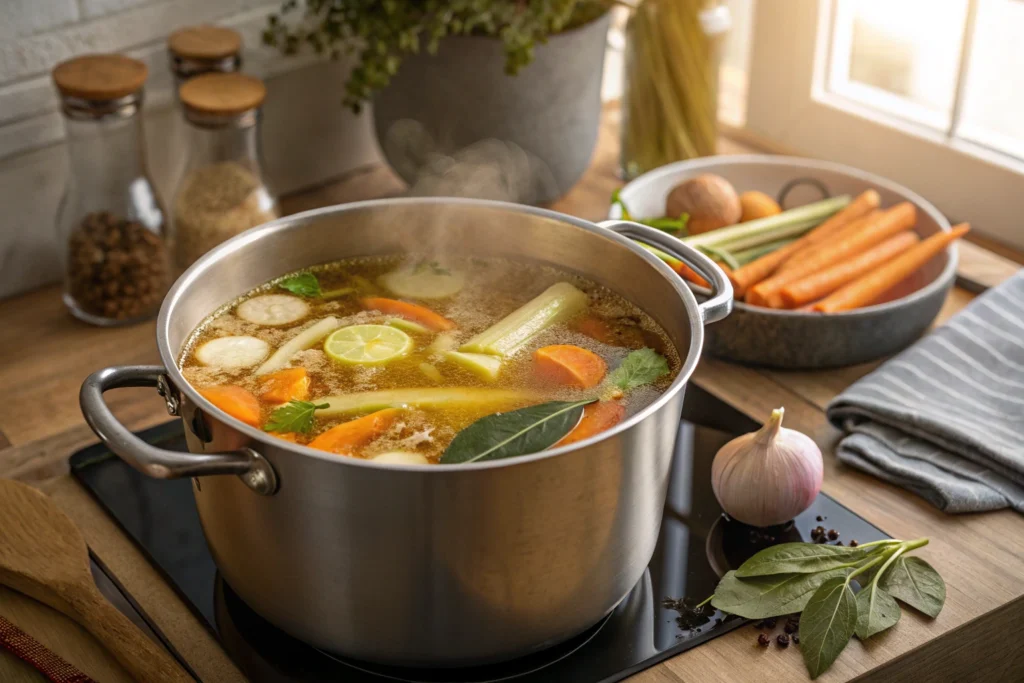 Bone broth simmering in a pot with vegetables and herbs