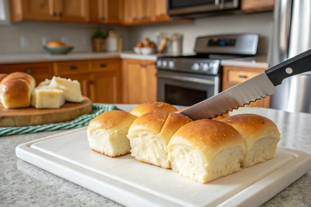 Fresh Hawaiian rolls sliced into even pieces for French toast