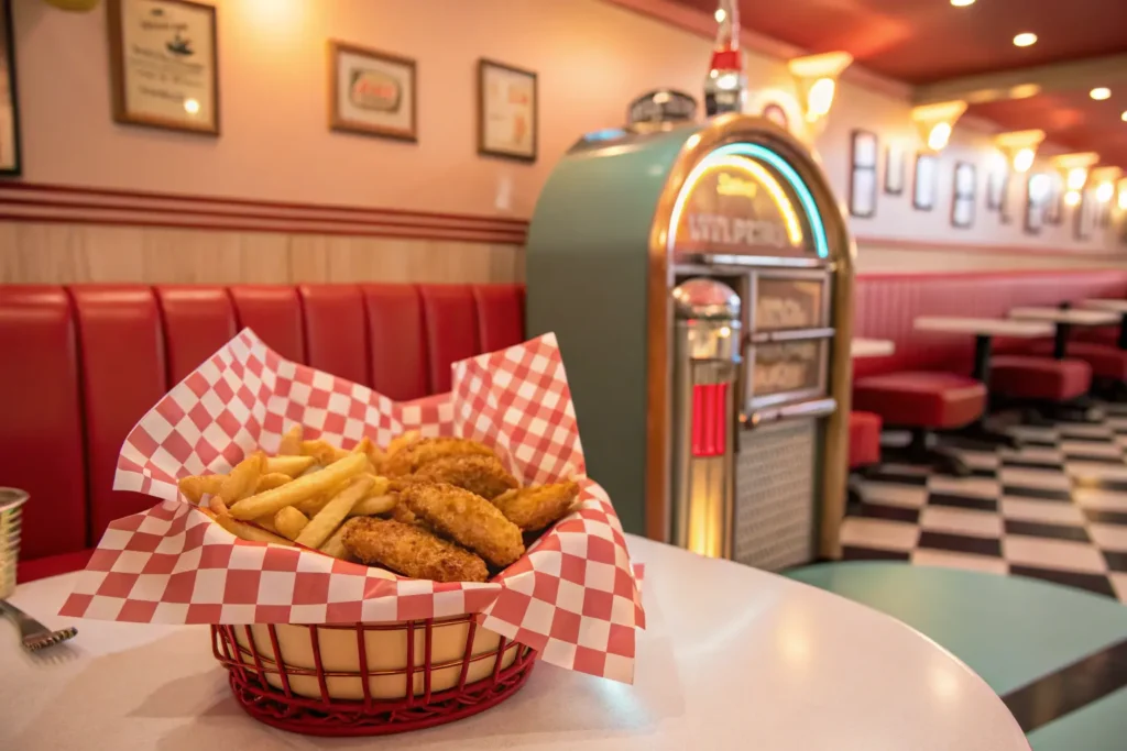 Chicken tenders and fries served in a nostalgic diner setting