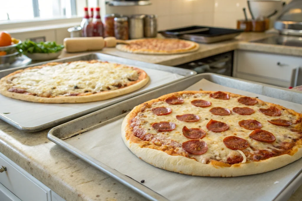 A thin crust and a thick crust pizza side by side.