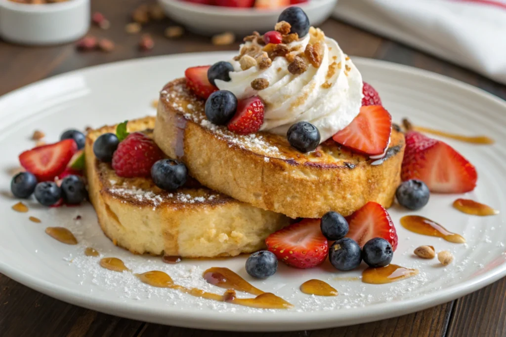 Bagel French toast with creative garnishes like fresh fruit and syrups