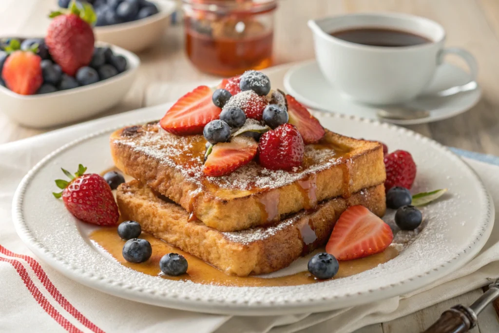 French Toast Crunch French Toast with syrup and fresh fruits