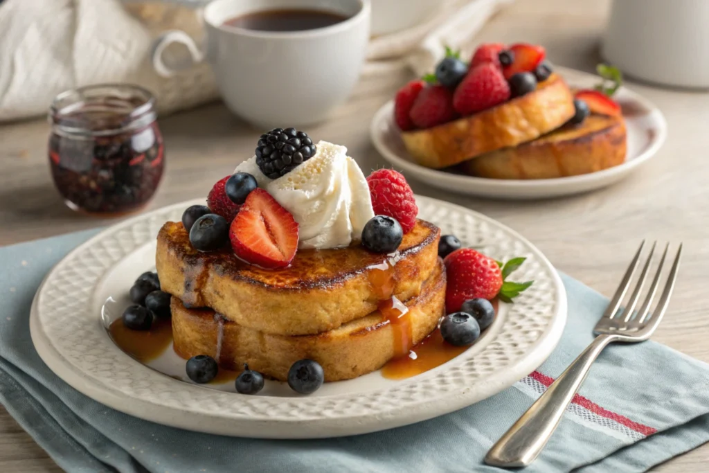 Hawaiian roll French toast topped with whipped cream, berries, and syrup