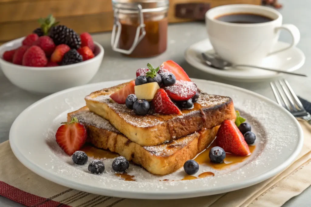 French toast with berries, powdered sugar, and syrup