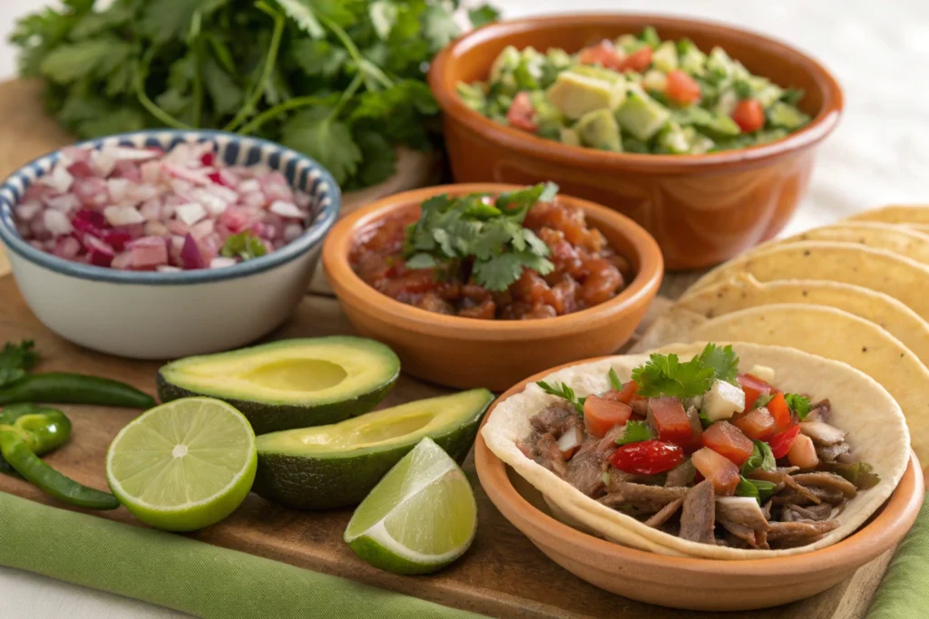 A variety of toppings for Tacos de Lengua displayed in small bowls.