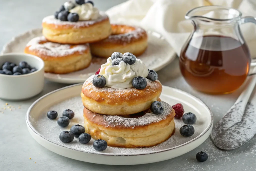 French toast bagels topped with berries and powdered sugar