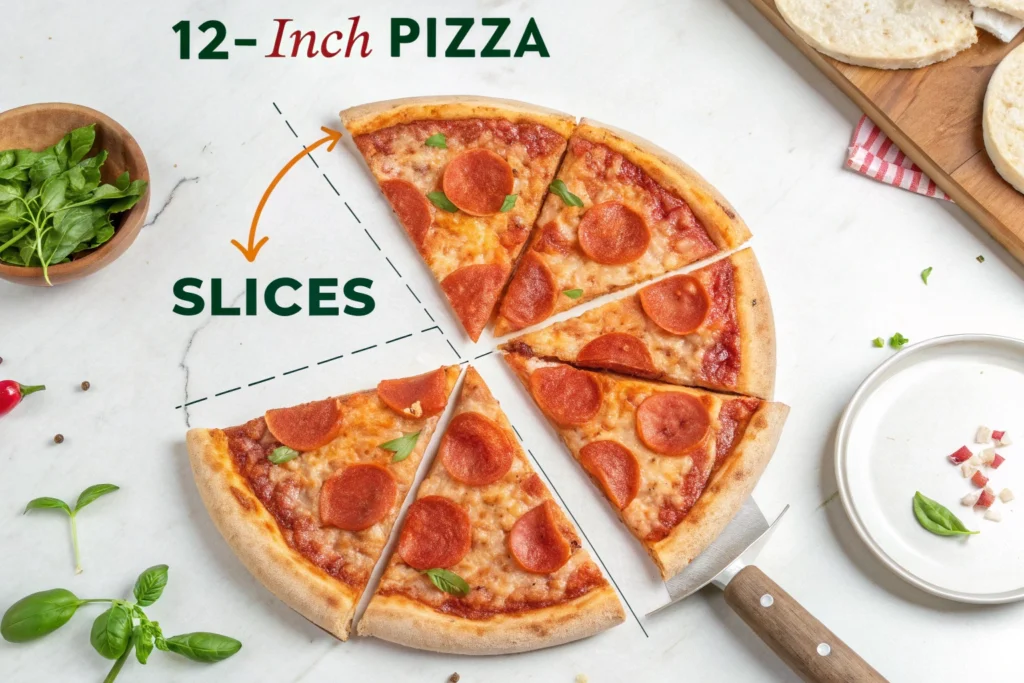 Diagram showing the size and slice count of a 12-inch pizza.