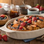 Croissant French toast bake with fresh fruit and syrup