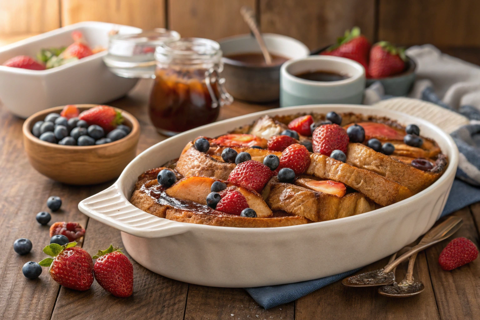 Croissant French toast bake with fresh fruit and syrup