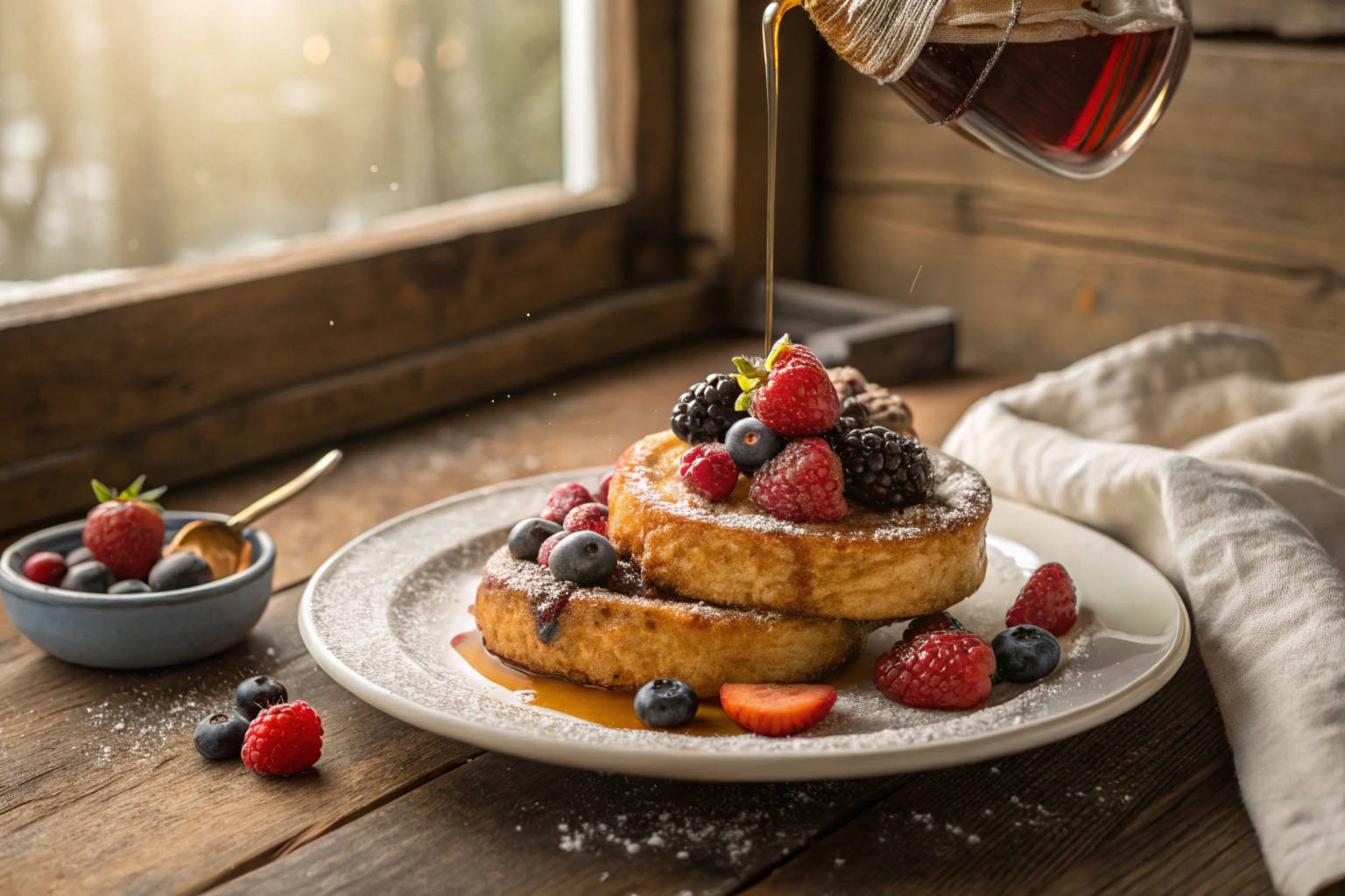 Delicious bagel French toast with syrup and fresh fruit.