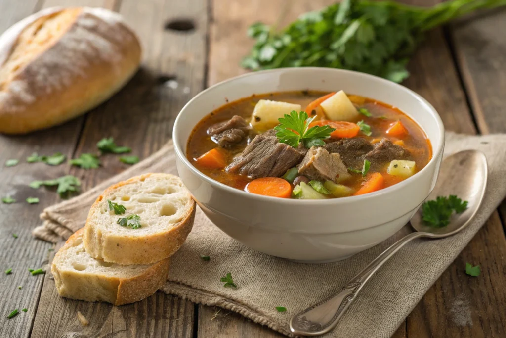 Bowl of beef bone soup from classic Soup Bone Recipes, served with fresh herbs and