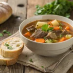 Bowl of beef bone soup from classic Soup Bone Recipes, served with fresh herbs and