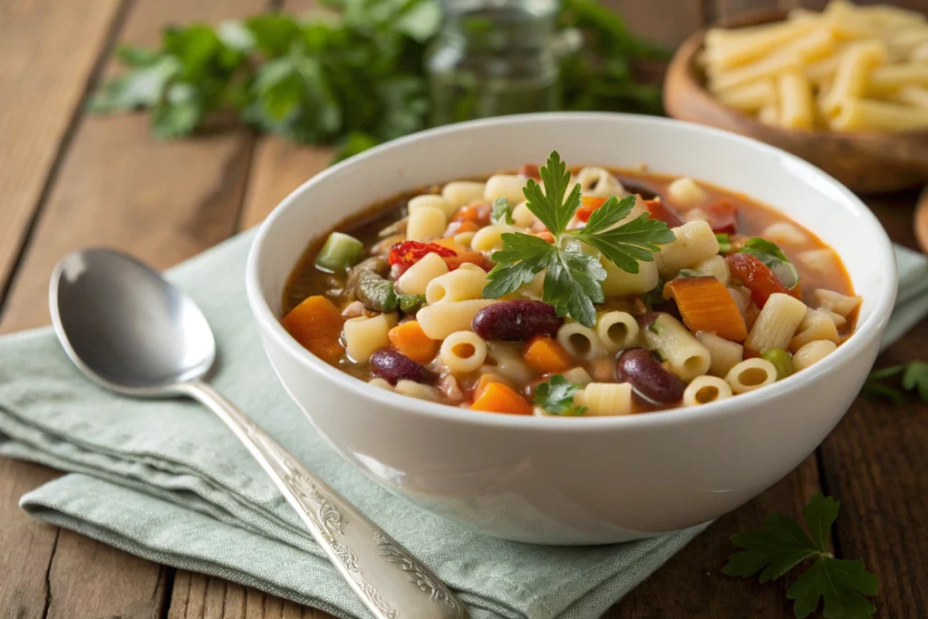 Bowl of Ditalini Pasta served in a hearty Italian soup