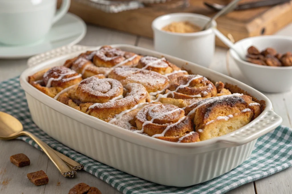 Cinnamon roll French toast bake served in a casserole dish.