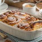 Cinnamon roll French toast bake served in a casserole dish.