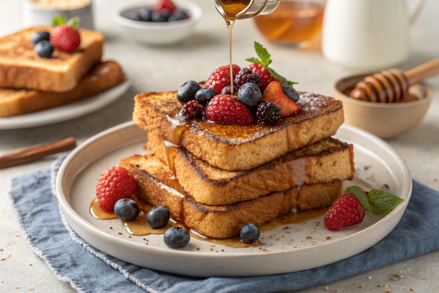 French toast with McCormick spices served on a plate with syrup and berries