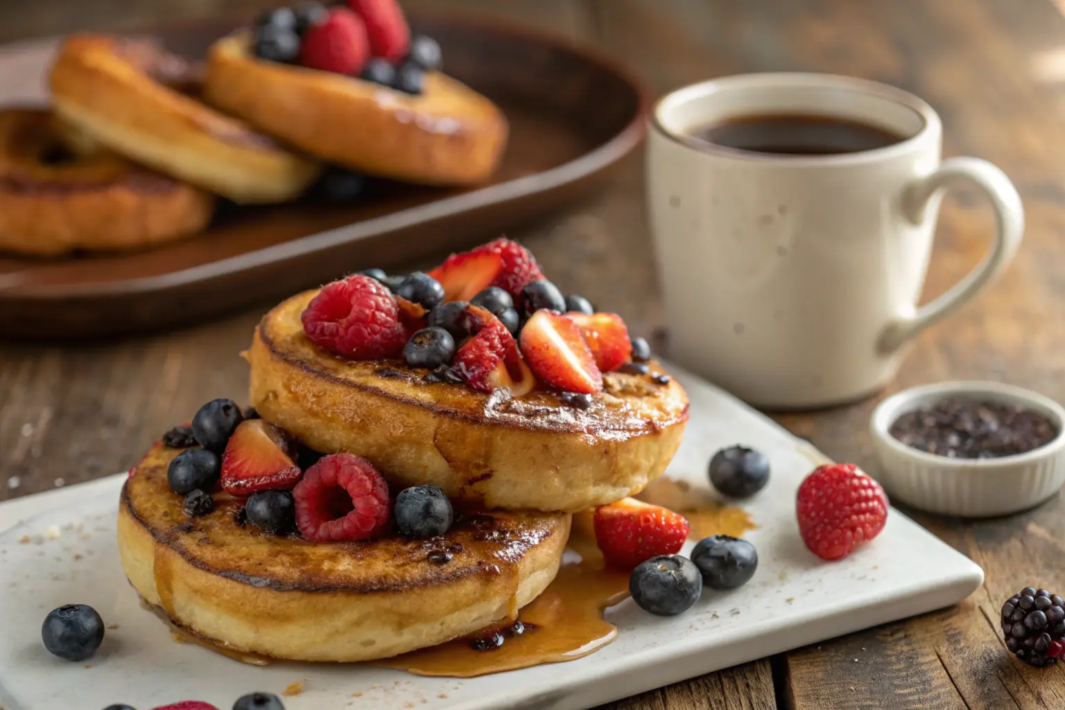 Golden French toast bagels served on a breakfast plate.