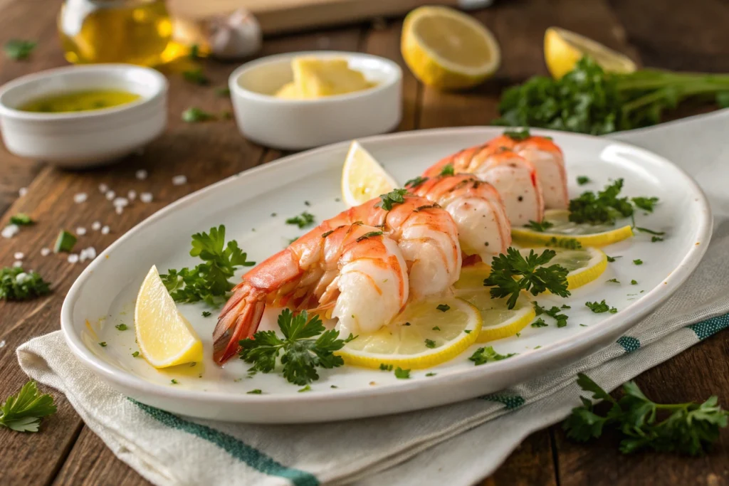 Plate of cooked Langostino Tails with herbs and lemon slices