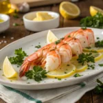 Plate of cooked Langostino Tails with herbs and lemon slices