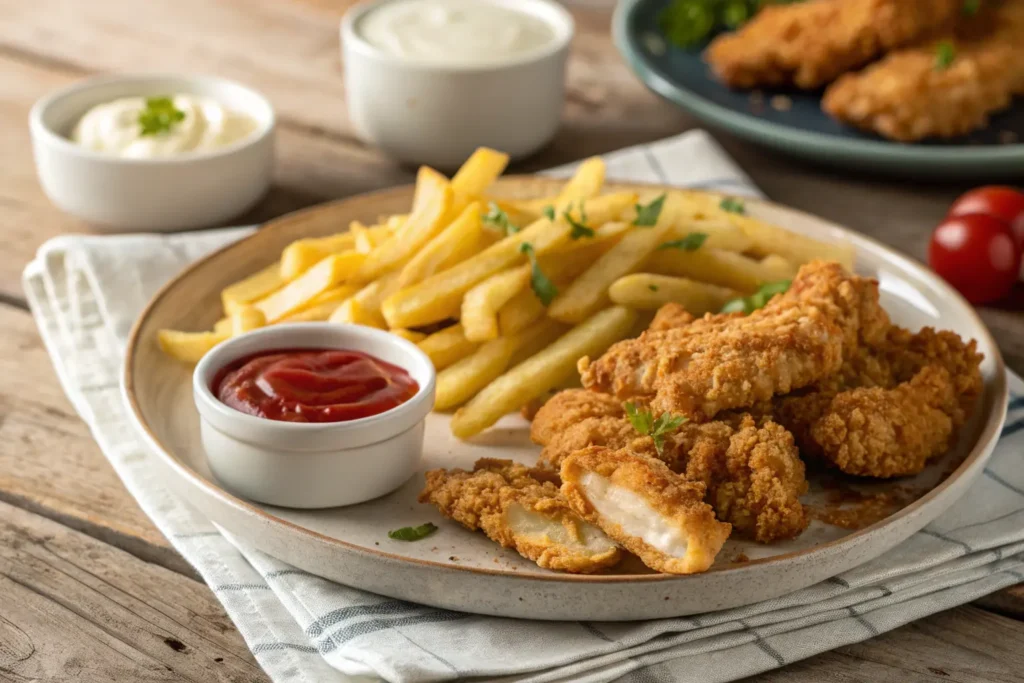 Crispy chicken tenders and golden fries on a plate