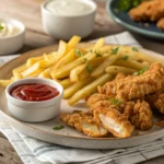 Crispy chicken tenders and golden fries on a plate