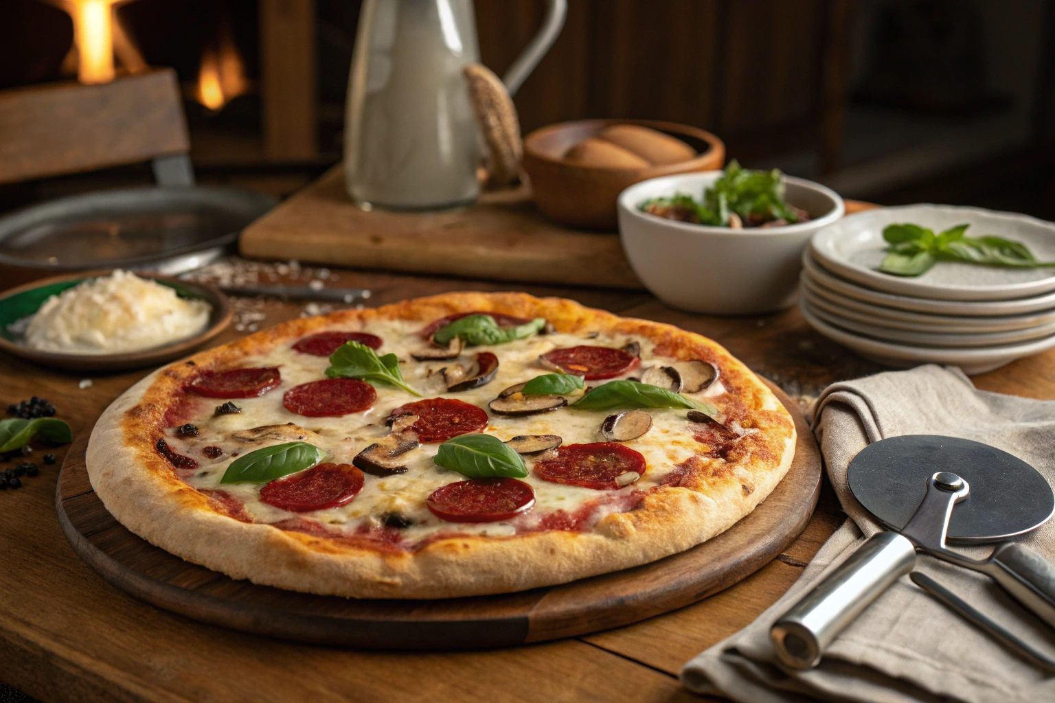 Freshly baked 12-inch pizza with a variety of toppings on a wooden table.