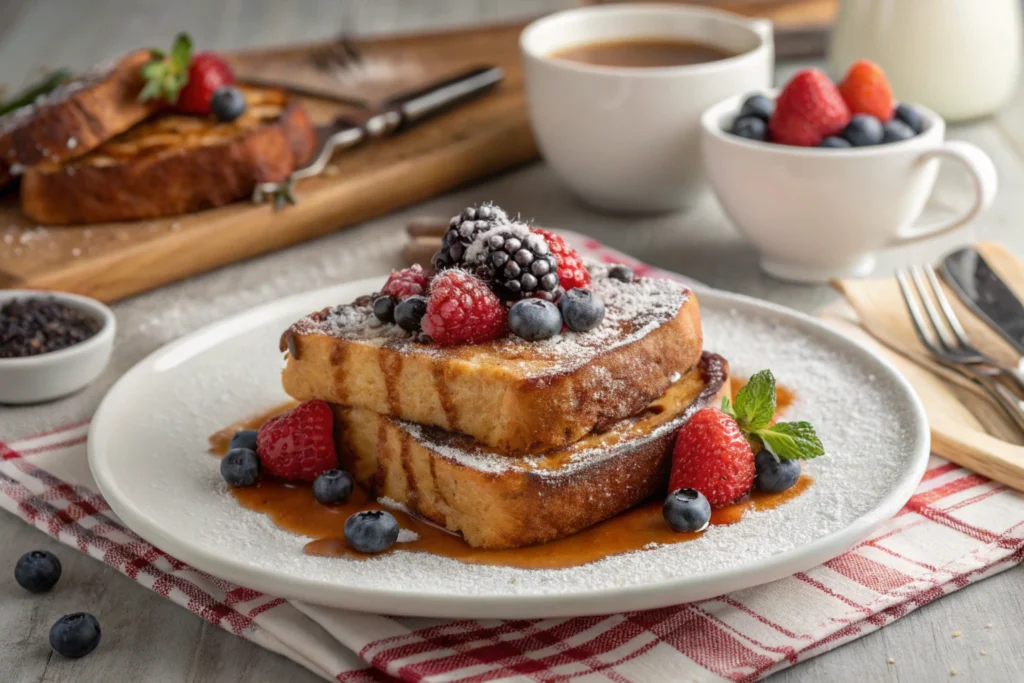 Cinnamon roll French toast served with fresh berries and syrup