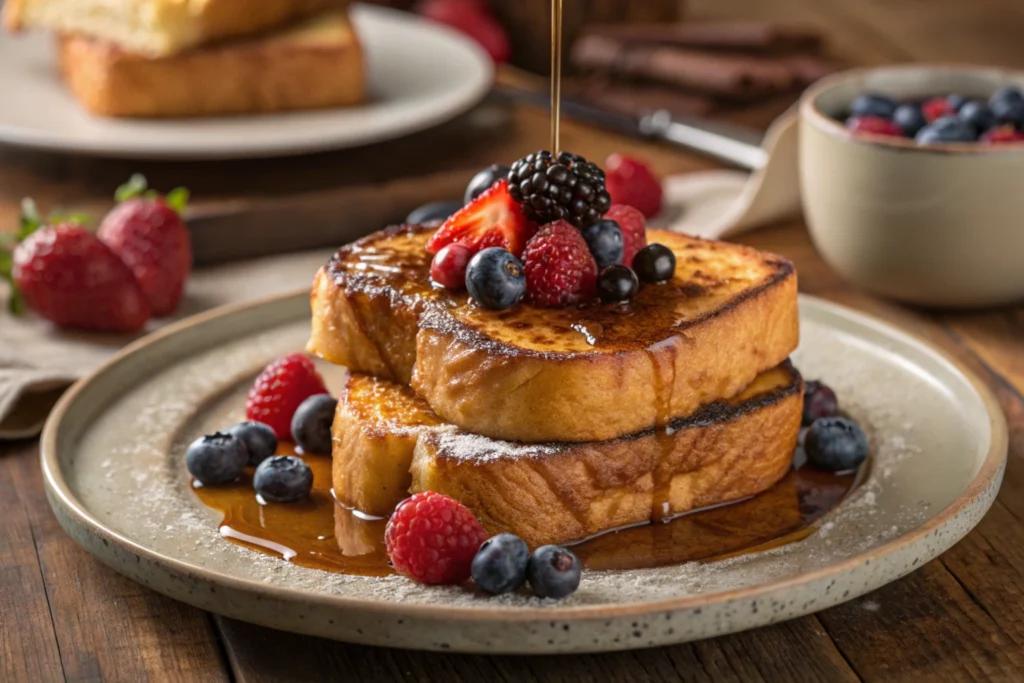 Golden-brown Hawaiian rolls French toast served with syrup and fruits