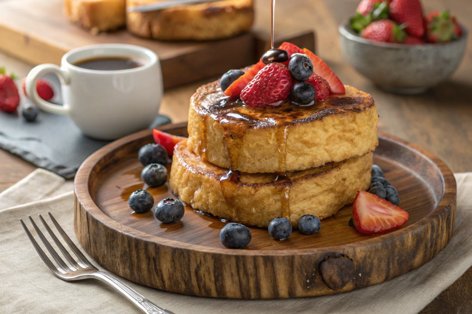 Golden-brown Hawaiian roll French toast served with fresh fruits and syrup