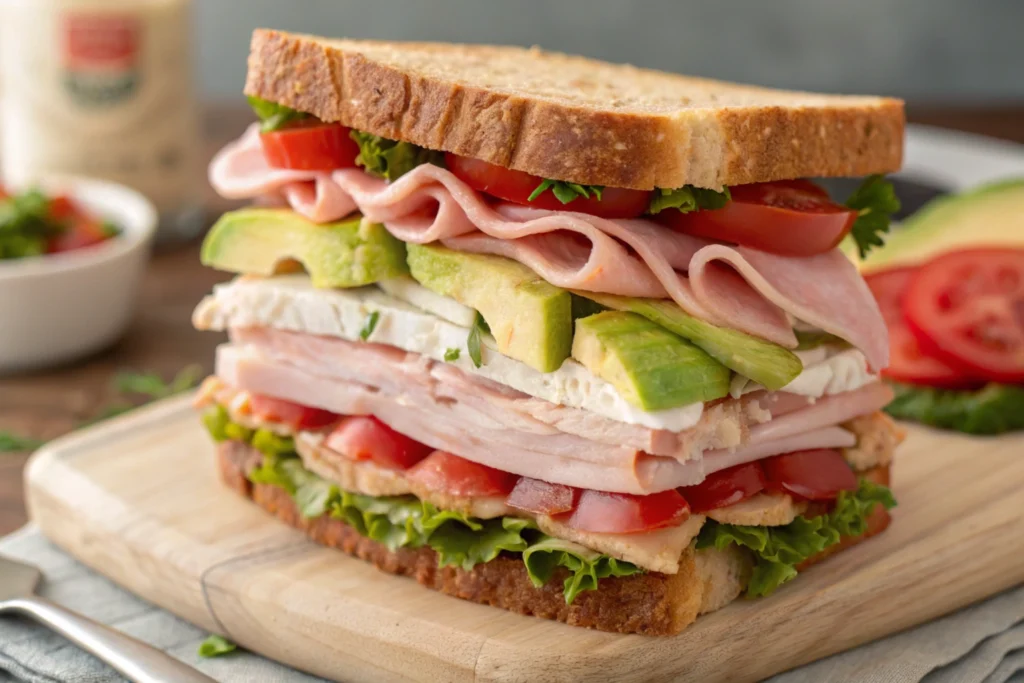 Magnificent turkey avocado sandwich with layers