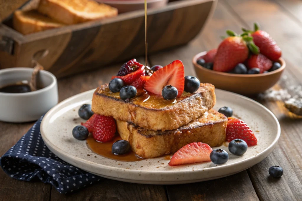 Crunchy French toast with syrup and fresh berries