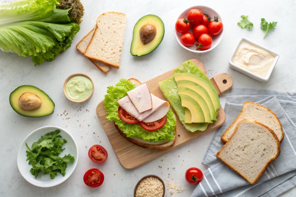 Ingredients for a turkey avocado sandwich