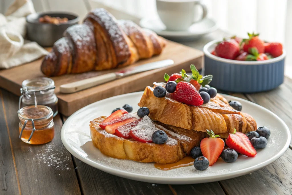 Buttery croissant French toast served with fresh berries and syrup.