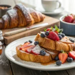 Buttery croissant French toast served with fresh berries and syrup.