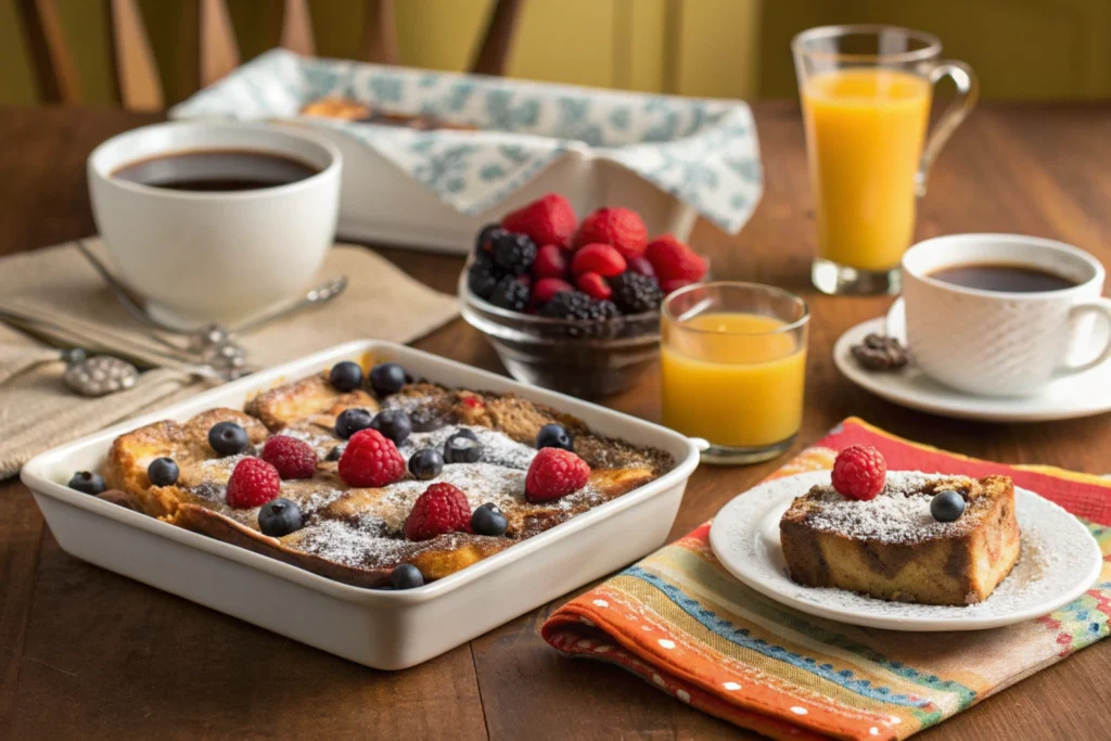 Sourdough French toast casserole served at a brunch table