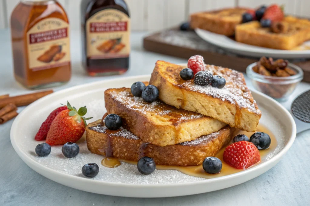 French toast with McCormick spices, served with maple syrup and berries