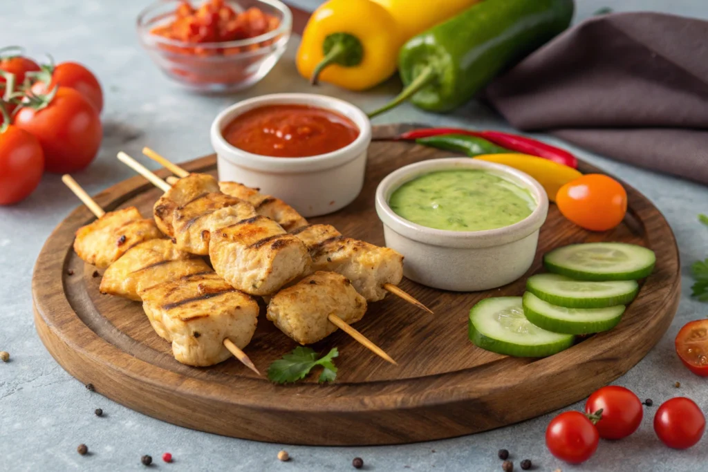 Grilled chicken sticks served on a platter with dipping sauces