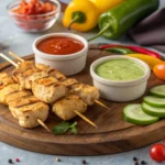 Grilled chicken sticks served on a platter with dipping sauces