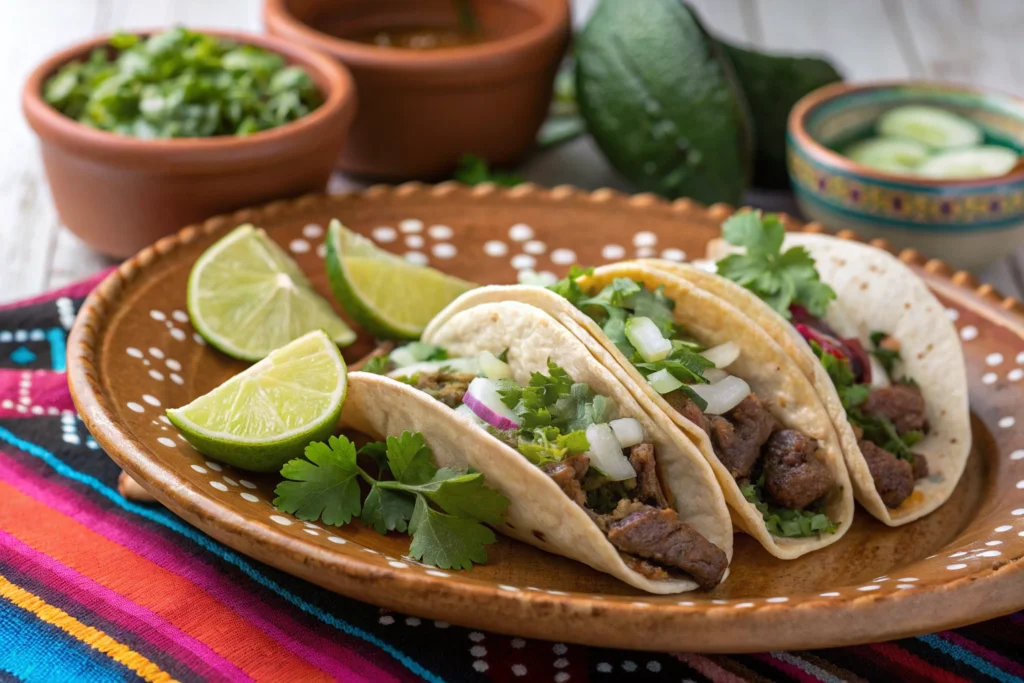 Tacos de Lengua served on a traditional Mexican platter.