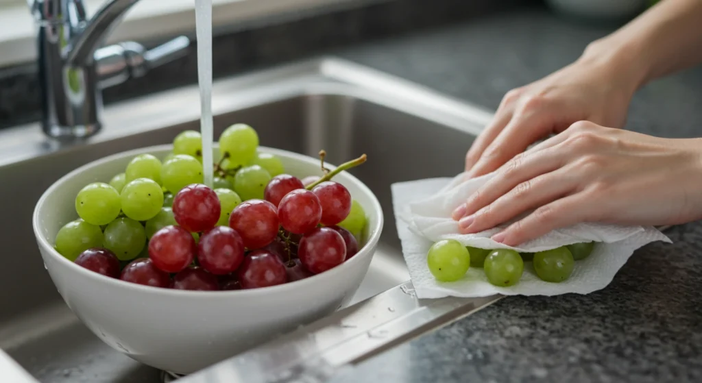 Fresh red and green grapes being washed and dried for grape salad.